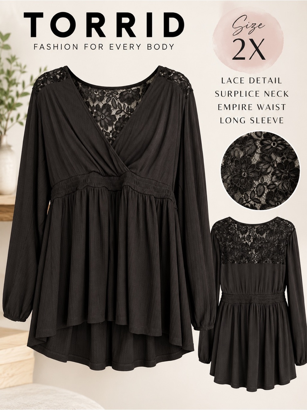 Torrid 2X Black Lace Back Surplice Babydoll Long Sleeve Top